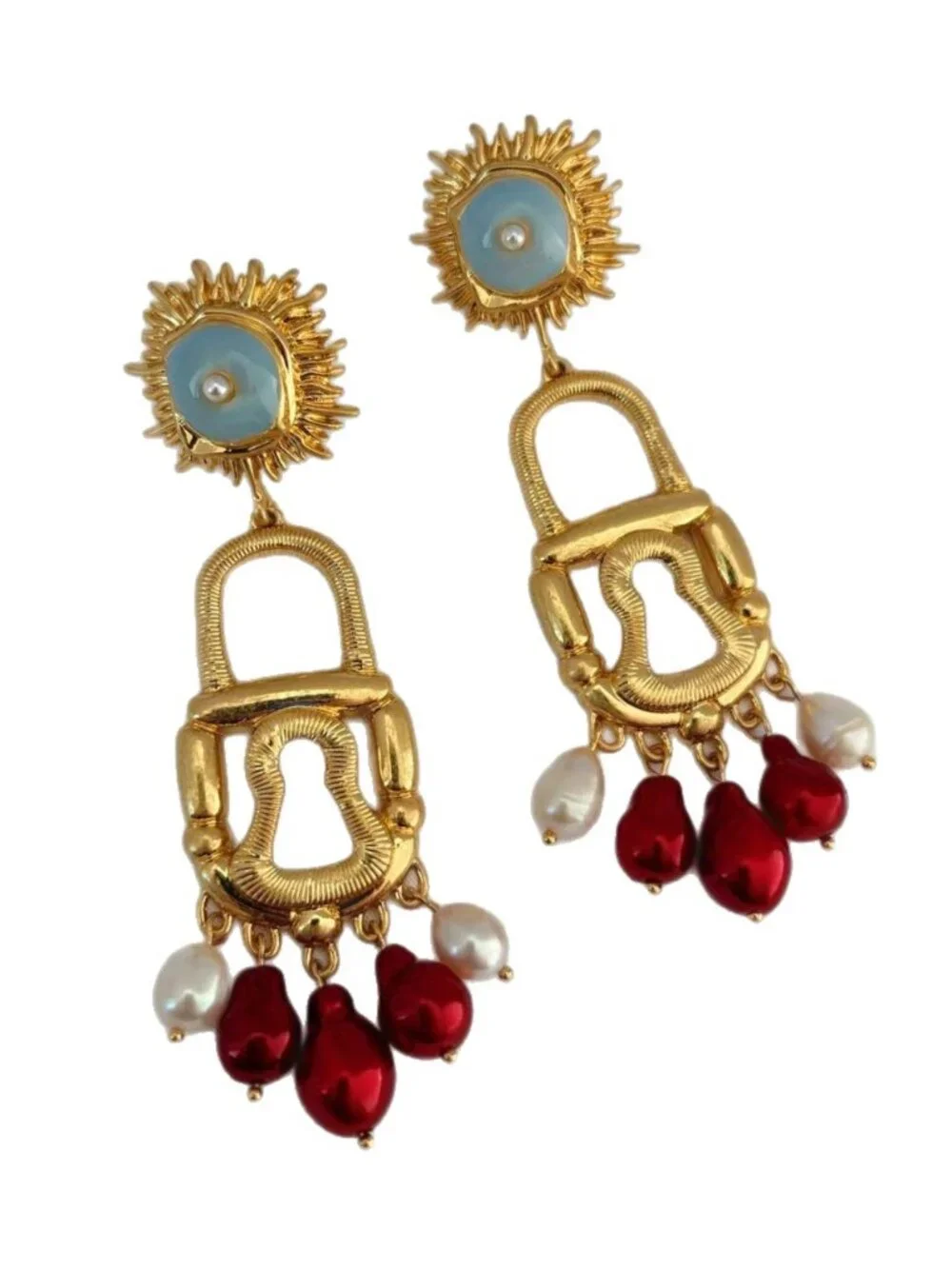 Gold-Tone Red Pearl Drop Lock Earrings